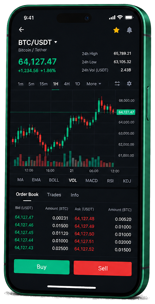 Hegyfok Tőkint mobil kereskedési app élő BTC/USDT árfolyamokkal, rendelési könyvvel és vétel/eladás funkcióval